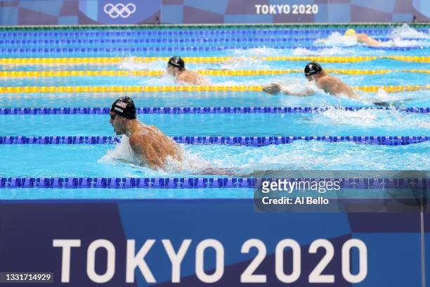 Michael Andrew of Team United States competes in the Men's 4 x 100m Medley Relay Final on day nine of the Tokyo 2020 Olympic Games at Tokyo Aquatics...