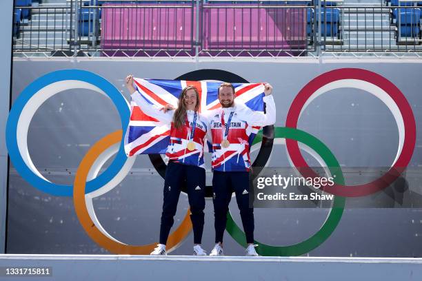 Gold Medalist Charlotte Worthington and Bronze Medalist Declan Brooks of Team Great Britain pose for a photo together after the BMX Freestyle on day...