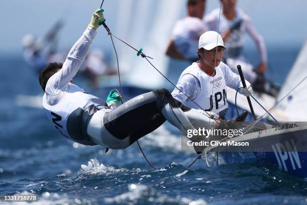 Keiju Okada and Jumpei Hokazono of Team Japan of Team Japan of Team Spain compete in the Men's 470 class on day nine of the Tokyo 2020 Olympic Games...