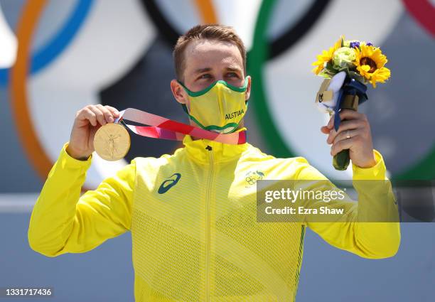 Gold Medalist Logan Martin of Team Australia poses for a picture on the podium after Men's Park Final of the BMX Freestyle on day nine of the Tokyo...