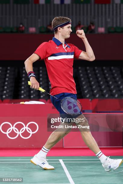 Viktor Axelsen of Team Denmark reacts as he competes against Kevin Cordon of Team Guatemala during a Men's Singles Semi-final match on day nine of...