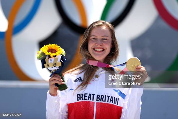 Gold Medalist Charlotte Worthington of Team Great Britain poses for a photo with her gold medal after the Women's Park Final of the BMX Freestyle on...