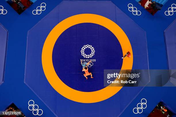 Hiroe Minagawa of Team Japan competes against Epp Maee of Team Estonia during the Women's Freestyle 76kg Quarter Final on day nine of the Tokyo 2020...