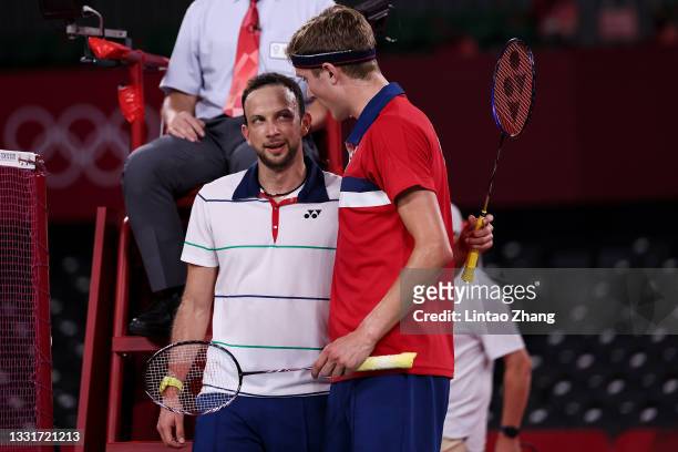 Viktor Axelsen of Team Denmark greets his opponent Kevin Cordon of Team Guatemala after winning a Men's Singles Semi-final match on day nine of the...