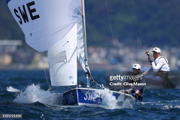 Anton Dahlberg and Fredrik Bergstrom of Team Sweden compete in the Men's 470 class on day nine of the Tokyo 2020 Olympic Games at Enoshima Yacht...