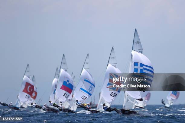 Ariadne Paraskevi Spanaki and Emilia Tsoulfa of Team Greece compete in the Women's 470 class on day nine of the Tokyo 2020 Olympic Games at Enoshima...