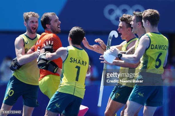 Andrew Lewis Charter, Joshua Beltz, Lachlan Thomas Sharp and Matthew Dawson of Team Australia and teammates celebrate after winning the penalty...
