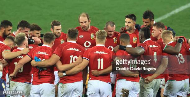 Alun Wyn Jones, the Lions captain, talks to his team after their defeat during the 2nd test match between South Africa Springboks and the British &...