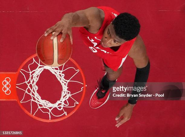 Rui Hachimura of Team Japan dunks against Argentina during the first half of a Men's Basketball Preliminary Round Group C game at Saitama Super Arena...