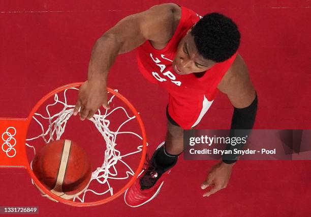 Rui Hachimura of Team Japan dunks against Argentina during the first half of a Men's Basketball Preliminary Round Group C game at Saitama Super Arena...