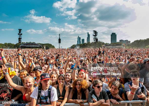 Festival-goers attend day 3 of Lollapalooza at Grant Park on July 30, 2021 in Chicago, Illinois.