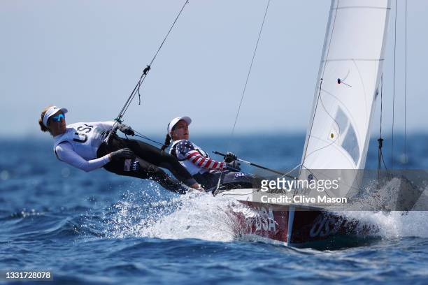 Nikole Barnes and Lara Dallman-Weiss of Team United States compete in the Women's 470 class on day nine of the Tokyo 2020 Olympic Games at Enoshima...