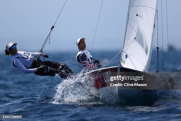 Nikole Barnes and Lara Dallman-Weiss of Team United States compete in the Women's 470 class on day nine of the Tokyo 2020 Olympic Games at Enoshima...