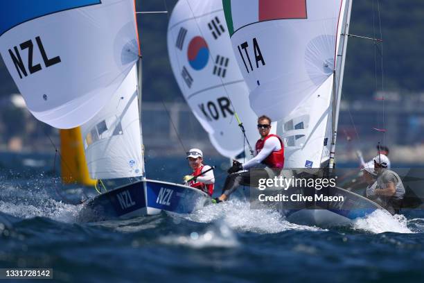 Paul Snow-Hansen and Dan Willcox of Team New Zealand of Team Australia compete in the Men's 470 class on day nine of the Tokyo 2020 Olympic Games at...