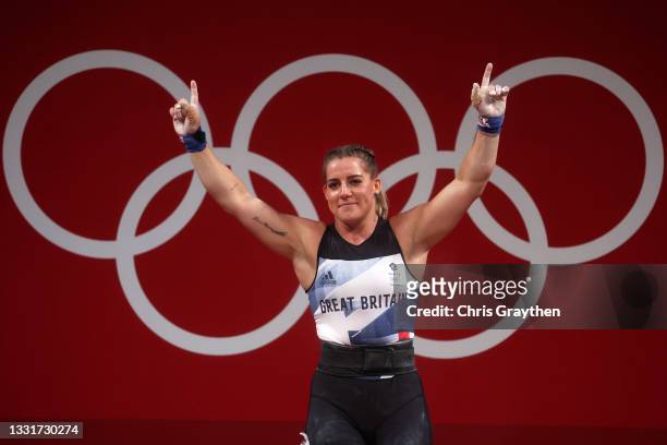 Emily Victoria Godley of Team Great Britain competes during the Weightlifting - Women's 76kg Group B on day nine of the Tokyo 2020 Olympic Games at...