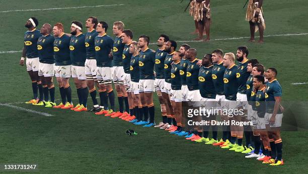 The South Africa Springboks line up for the anthem during the 2nd test match between South Africa Springboks and the British & Irish Lions at Cape...