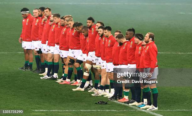 The Britsih & Irish Lions line up for the anthem during the 2nd test match between South Africa Springboks and the British & Irish Lions at Cape Town...