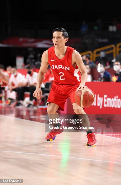 Yuki Togashi of Team Japan looks to drive to the basket against Team Argentina during the first half of a Men's Basketball Preliminary Round Group C...