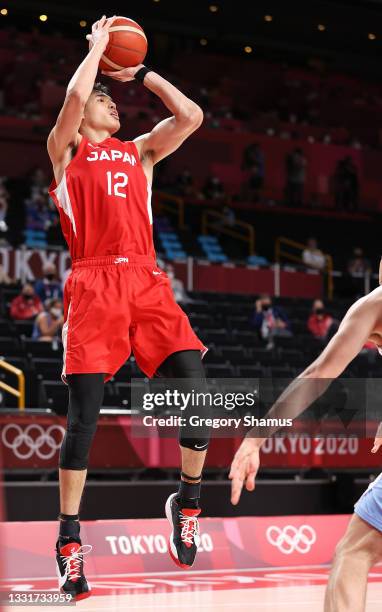 Yuta Watanabe of Team Japan takes a jump shot against Team Argentina during the second half of a Men's Basketball Preliminary Round Group C game at...