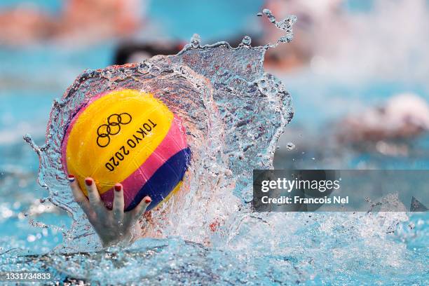 Player controls the ball during the Women's Preliminary Round Group A match between Netherlands and Canada at Tatsumi Water Polo Centre on August 01,...