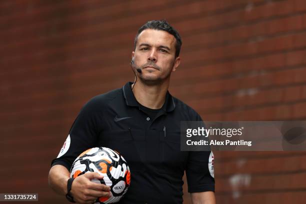 Referee Dean Whitehouse during a Pre-Season Friendly match between Stoke City and Wolverhampton Wanderers at Britannia Stadium on July 31, 2021 in...