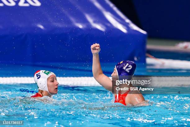 Jing Zhang of China, Gabriella Szucs of Hungary during the Tokyo 2020 Olympic Waterpolo Tournament women match between Hungary and China at Tatsumi...