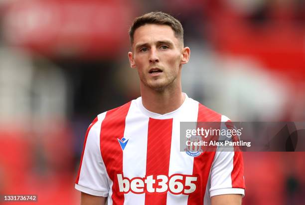 Jordan Thompson of Stoke during a Pre-Season Friendly match between Stoke City and Wolverhampton Wanderers at Britannia Stadium on July 31, 2021 in...