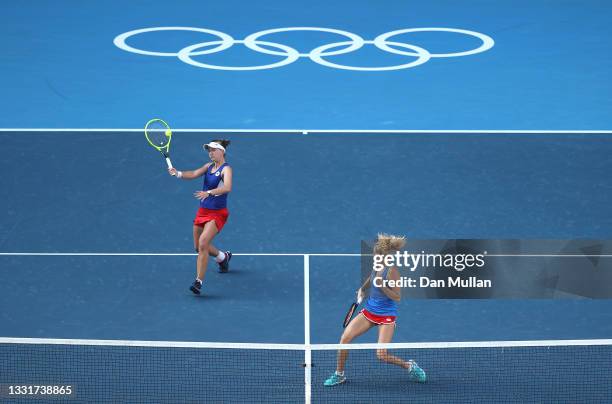 Barbora Krejcikova of Team Czech Republic and Katerina Siniakova of Team Czech Republic play Belinda Bencic of Team Switzerland and Viktorija Golubic...