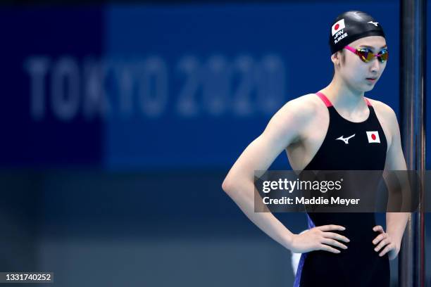 Rikako Ikee of Team Japan competes in the Women's 4 x 100m Medley Relay Final on day nine of the Tokyo 2020 Olympic Games at Tokyo Aquatics Centre on...