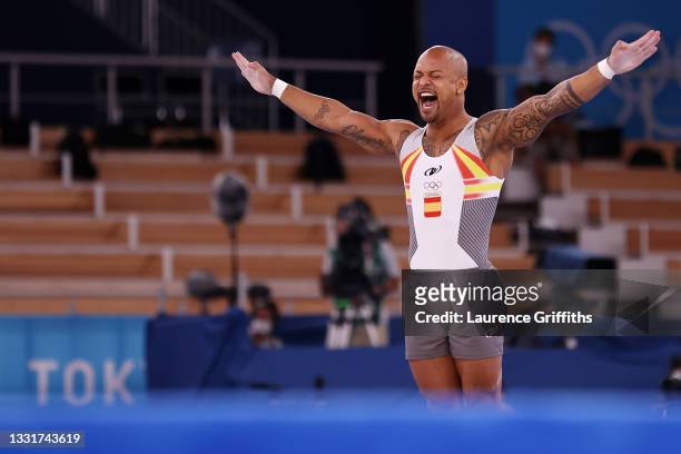 Rayderley Zapata of Team Spain reacts as he competes in the Men's Floor Exercise Final on day nine of the Tokyo 2020 Olympic Games at Ariake...