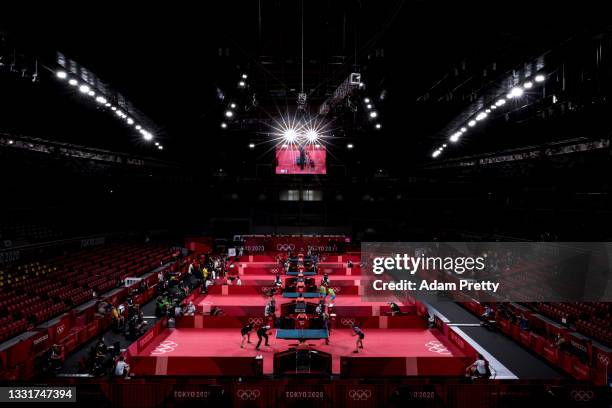 Players compete in their Men's and Women's Team Round of 16 table tennis matches on day nine of the Tokyo 2020 Olympic Games at Tokyo Metropolitan...