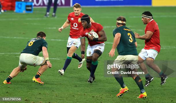 Maro Itoje of the Lions charges upfield during the 2nd test match between South Africa Springboks and the British & Irish Lions at Cape Town Stadium...