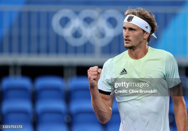 Alexander Zverev of Team Germany celebrates after a point during his Men's Singles Gold Medal match against Karen Khachanov of Team ROC on day nine...