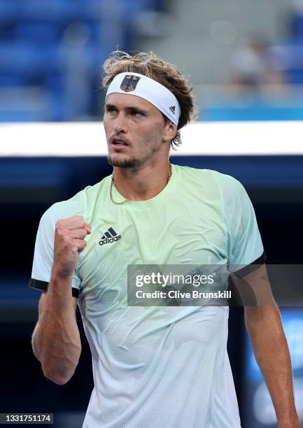 Alexander Zverev of Team Germany celebrates after a point during his Men's Singles Gold Medal match against Karen Khachanov of Team ROC on day nine...