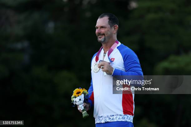 Rory Sabbatini of Team Slovakia celebrates with the silver medal during the medal ceremony after the final round of the Men's Individual Stroke Play...