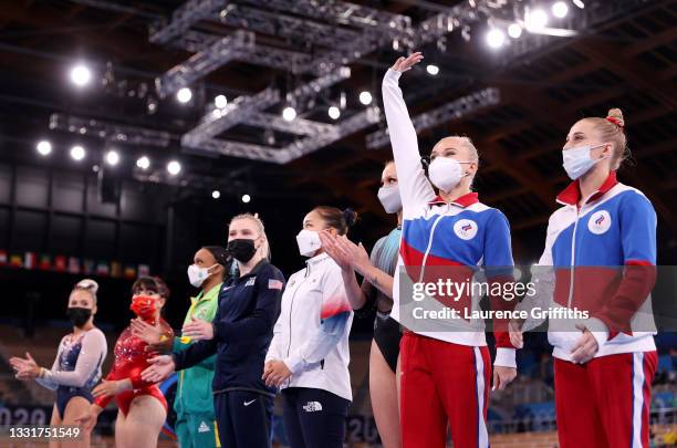 Angelina Melnikova of Team ROC acknowledges the crowd prior to the Women's Vault Final on day nine of the Tokyo 2020 Olympic Games at Ariake...