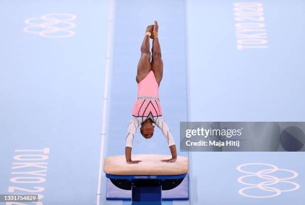 Rebeca Andrade of Team Brazil competes in the Women's Vault Final on day nine of the Tokyo 2020 Olympic Games at Ariake Gymnastics Centre on August...