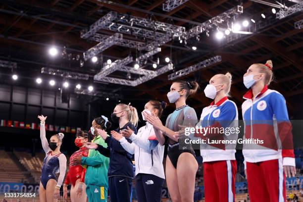 Competitors line up prior to the Women's Vault Final on day nine of the Tokyo 2020 Olympic Games at Ariake Gymnastics Centre on August 01, 2021 in...