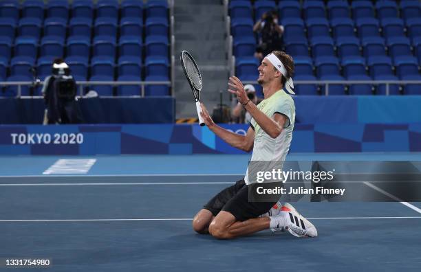 Alexander Zverev of Team Germany celebrates victory after his Men's Singles Gold Medal match against Karen Khachanov of Team ROC on day nine of the...