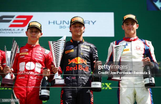 Race winner Dennis Hauger of Norway and Prema Racing, second placed Arthur Leclerc of Monaco and Prema Racing and third placed Jack Doohan of...