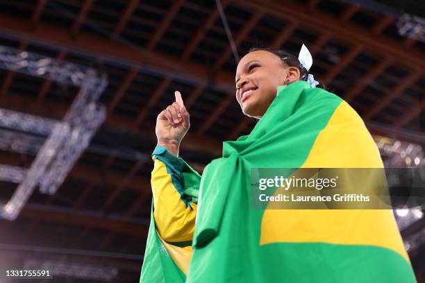 Rebeca Andrade of Team Brazil celebrates winning gold in the Women's Vault Final on day nine of the Tokyo 2020 Olympic Games at Ariake Gymnastics...