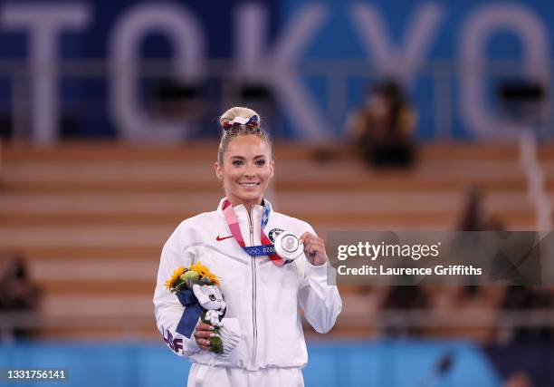 Mykayla Skinner of Team United States poses with the silver medal during the Women's Vault Final medal ceremony on day nine of the Tokyo 2020 Olympic...