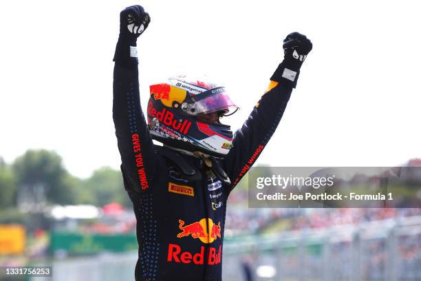 Race winner Dennis Hauger of Norway and Prema Racing celebrates in parc ferme during Round 4:Budapest race 3 of the Formula 3 Championship at...