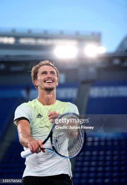 Alexander Zverev of Team Germany celebrates victory after his Men's Singles Gold Medal match against Karen Khachanov of Team ROC on day nine of the...