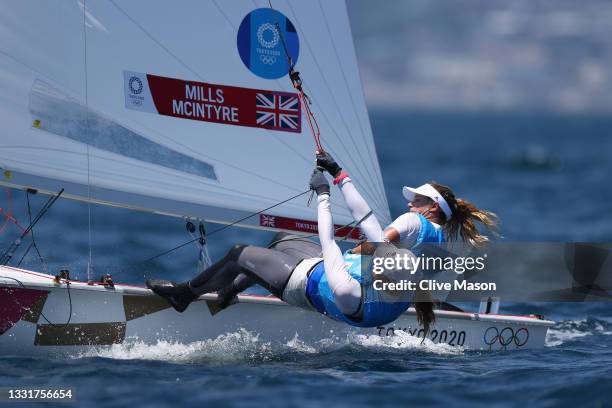 Hannah Mills and Eilidh McIntyre of Team Great Britain compete in the Women's 470 class on day nine of the Tokyo 2020 Olympic Games at Enoshima Yacht...