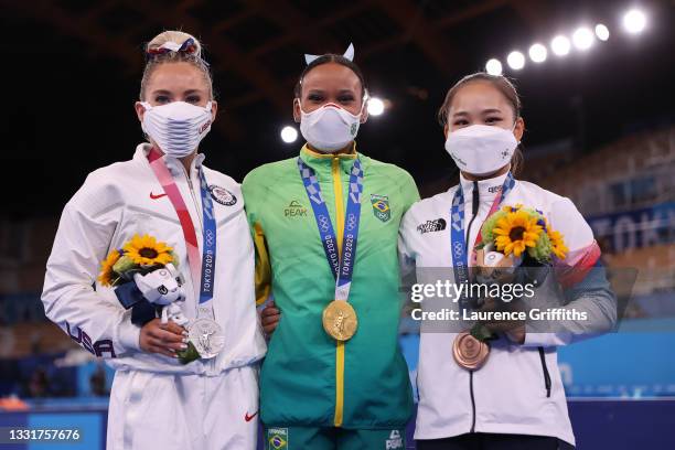 Silver medalist Mykayla Skinner of Team United States, gold medalist Rebeca Andrade of Team Brazil and bronze medalist Seojeong Yeo of Team South...