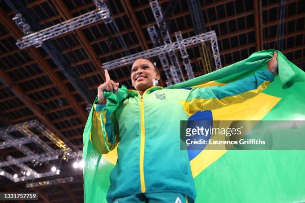 Rebeca Andrade of Team Brazil celebrates winning gold in the Women's Vault Final on day nine of the Tokyo 2020 Olympic Games at Ariake Gymnastics...