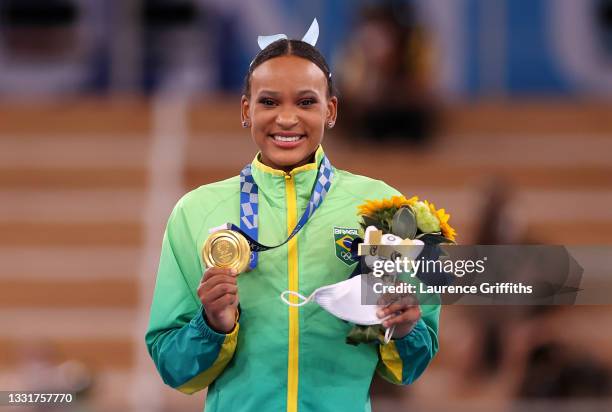 Rebeca Andrade of Team Brazil poses with the gold medal during the Women's Vault Final medal ceremony on day nine of the Tokyo 2020 Olympic Games at...