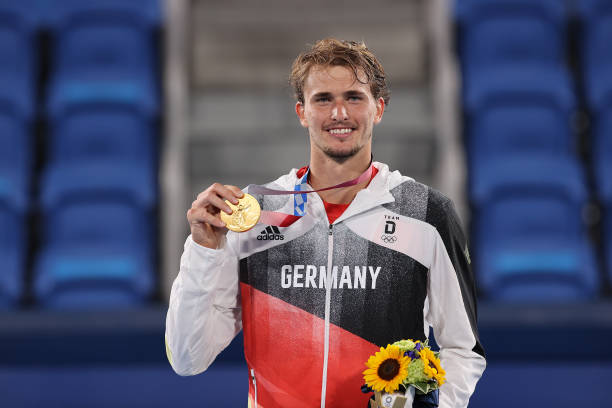 Gold medalist Alexander Zverev of Team Germany poses on the podium during the medal ceremony for Tennis Men's Singles on day nine of the Tokyo 2020...