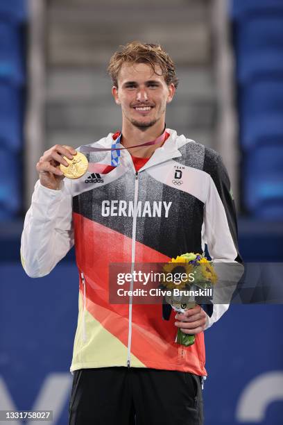 Gold medalist Alexander Zverev of Team Germany poses on the podium during the medal ceremony for Tennis Men's Singles on day nine of the Tokyo 2020...